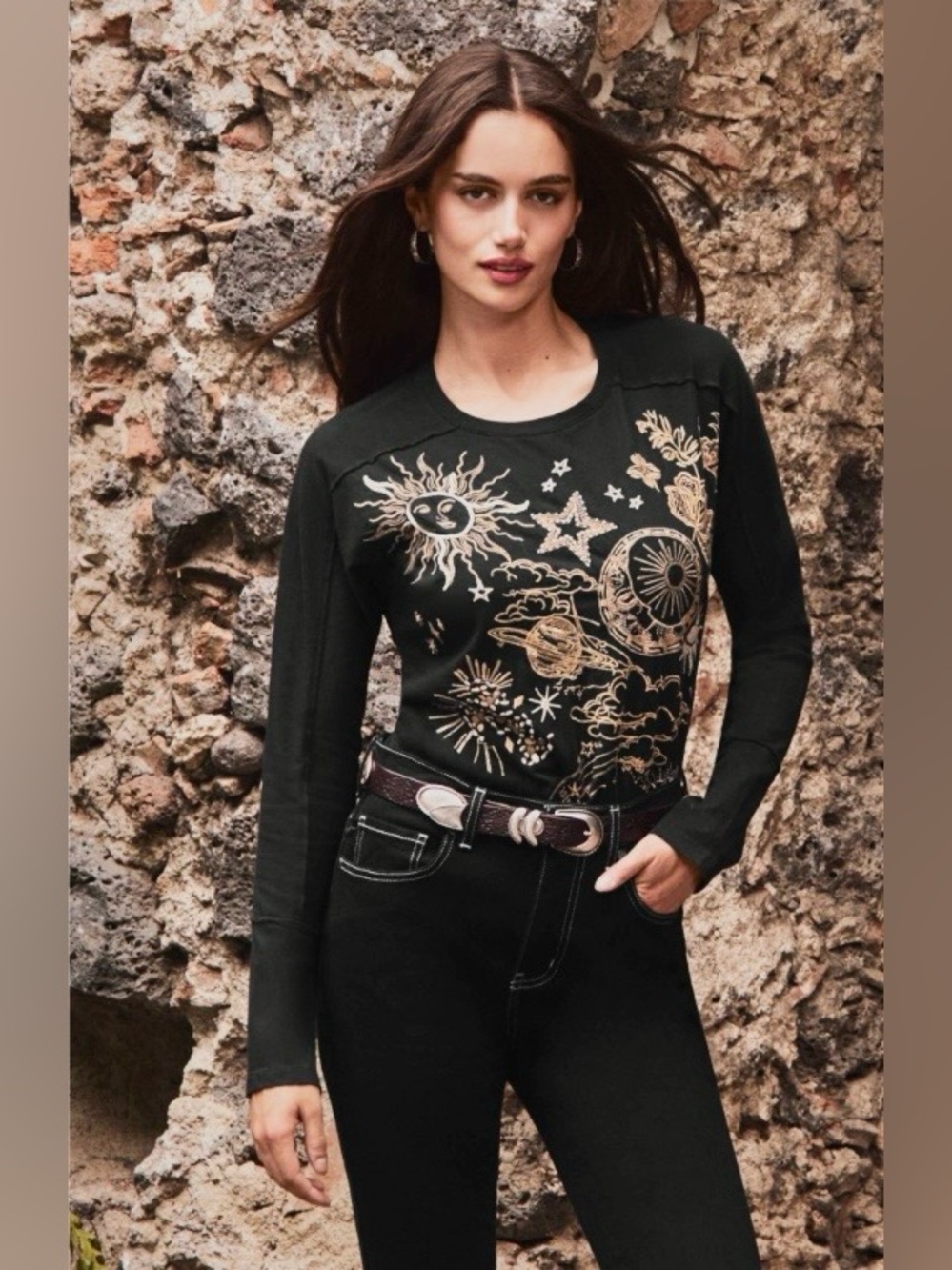 LAST CALL NWT JOHNNY WAS CELESTIAL THEMED LONG DOLMAN SLEEVE TOP SIZE XL PETITE